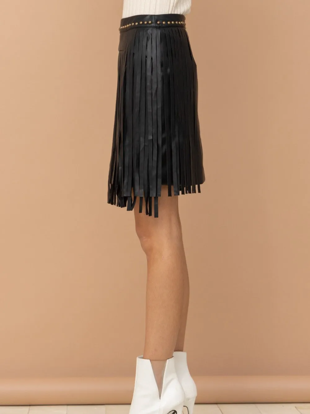 27 Jolene Faux Leather Studded Fringe Mini Skirt