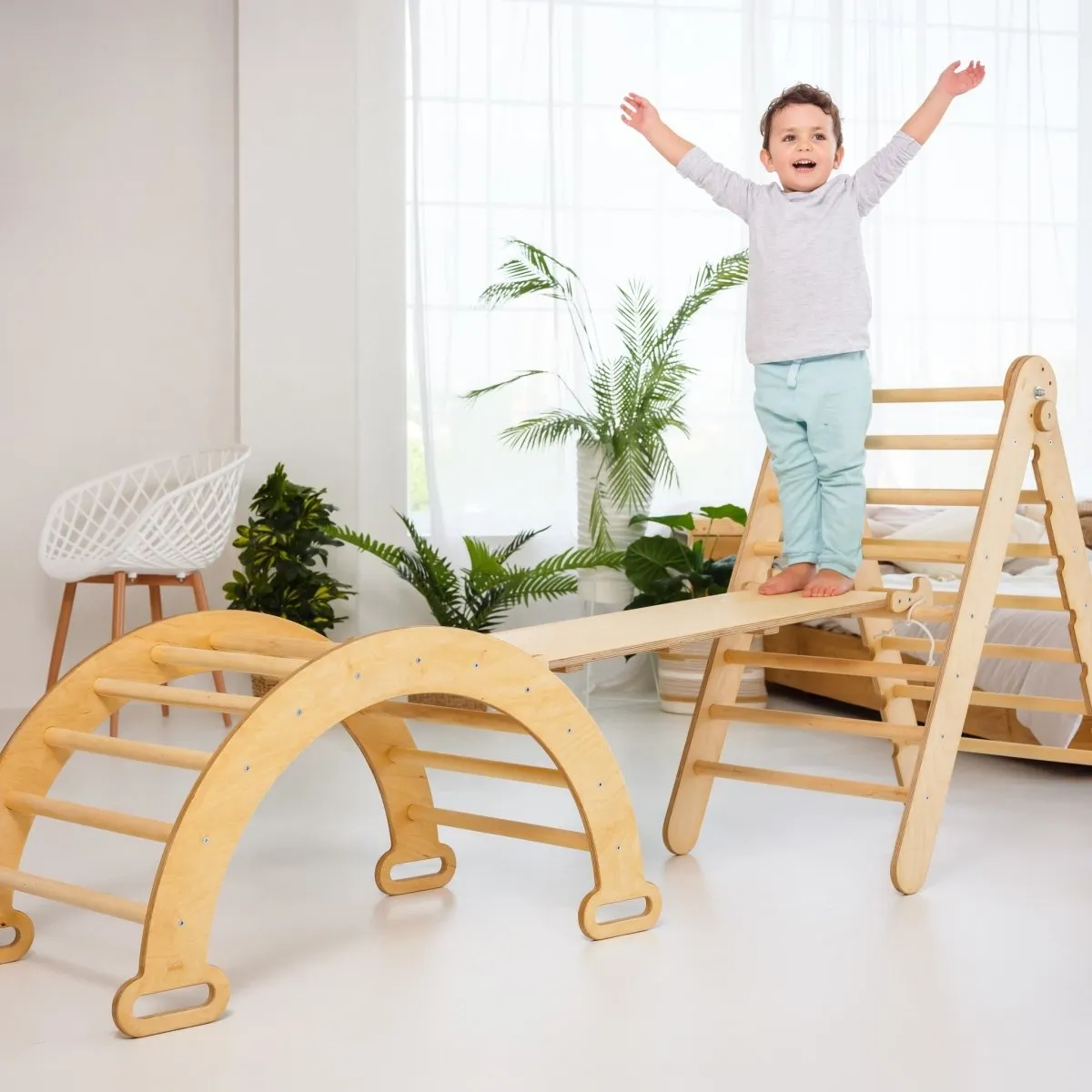 3-in-1 Montessori Climbing Set: Triangle Ladder   Wooden Arch   Slide Board