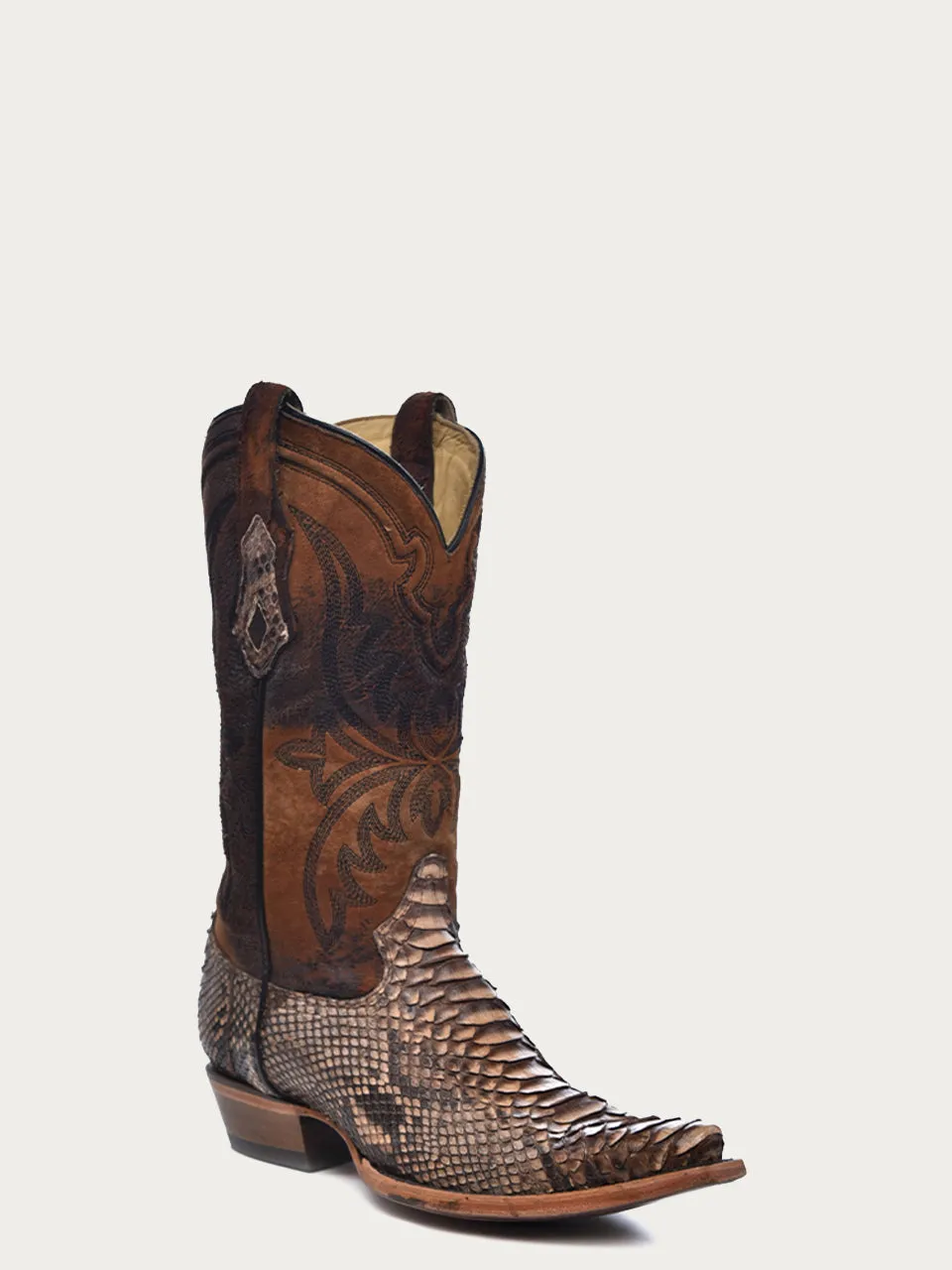 A4452 - MEN'S EMBROIDERY LAMB SHAFT GENUINE BROWN PYTHON VAMP SNIP TOE COWBOY BOOT