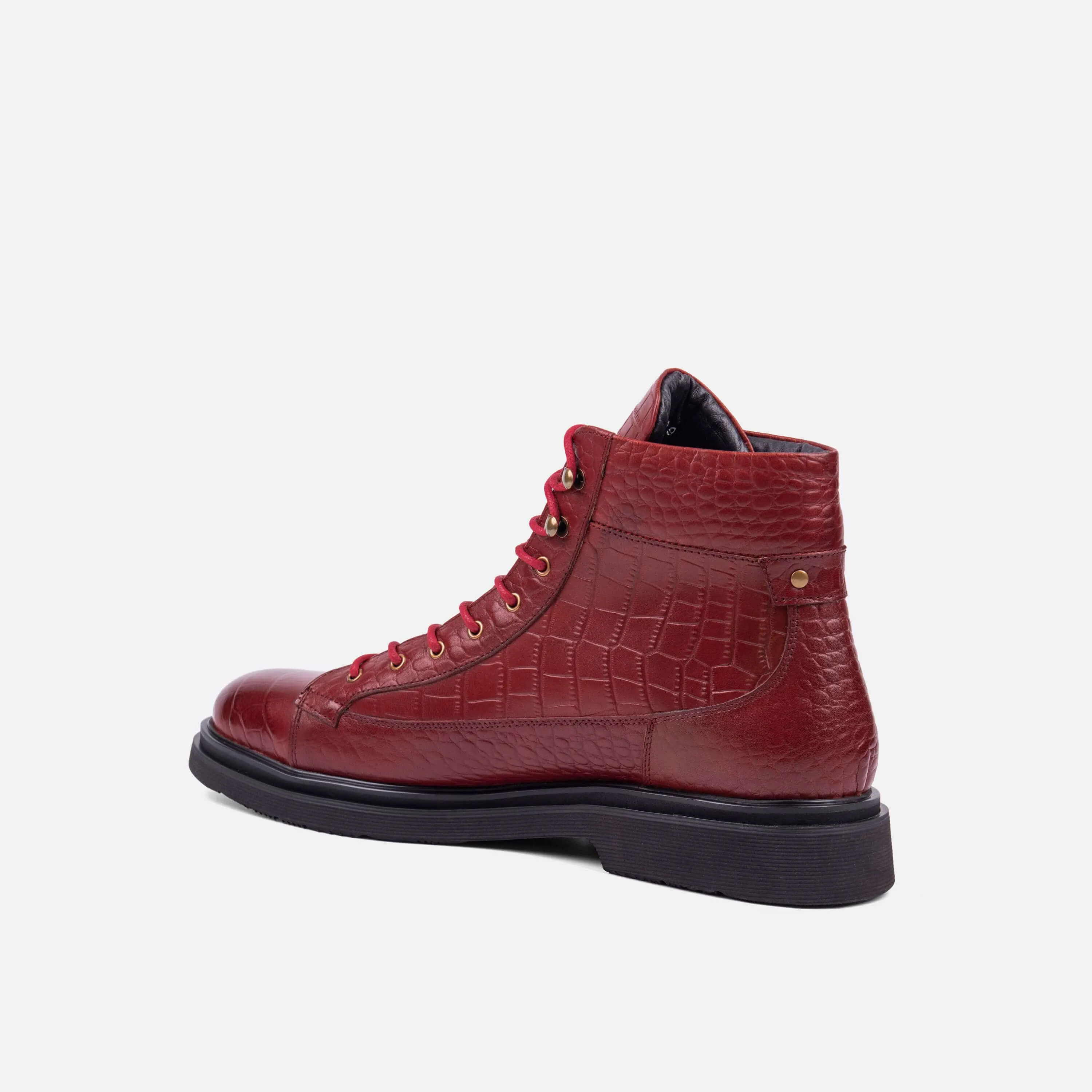 Aiden Red Crocskin Leather Combat Boots