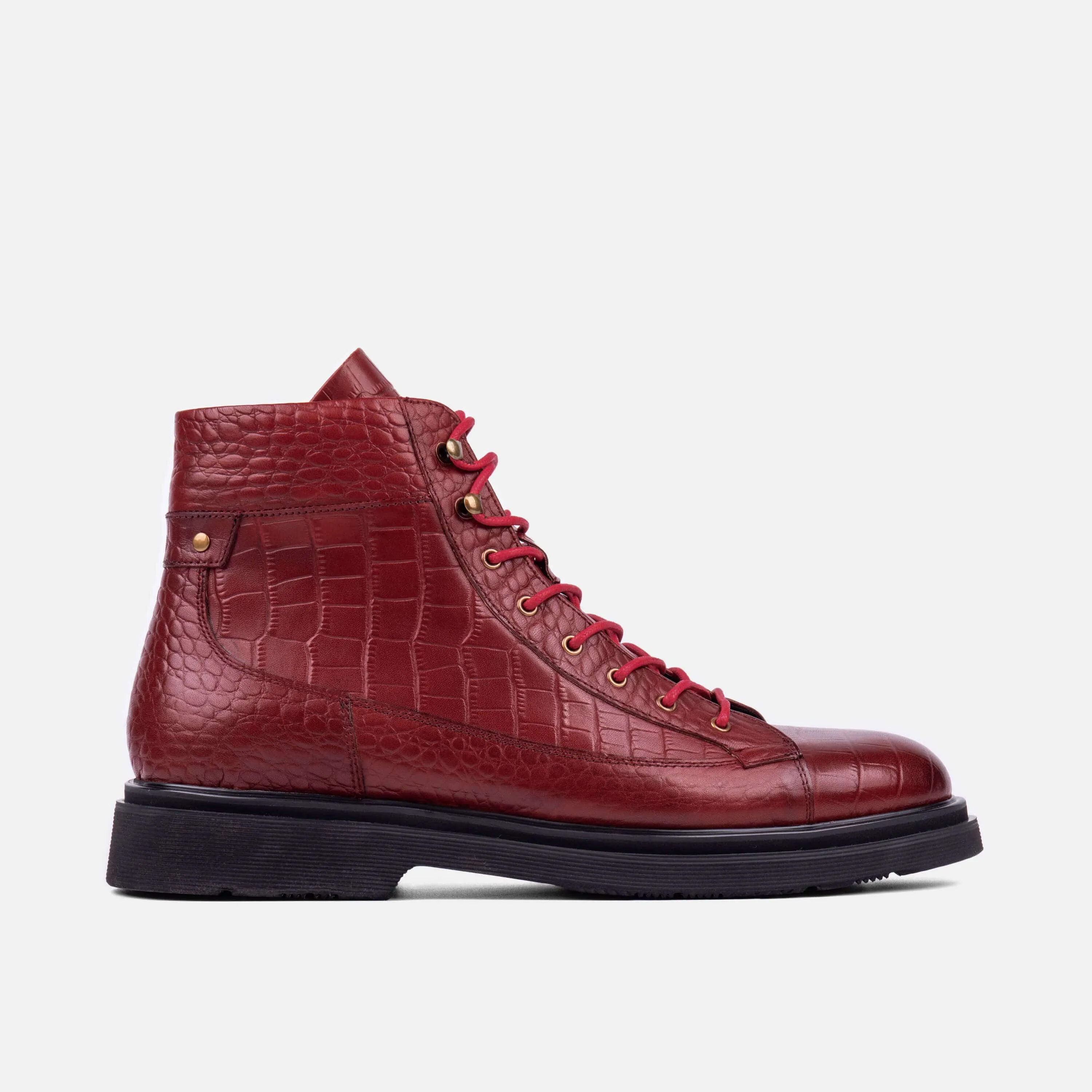 Aiden Red Crocskin Leather Combat Boots