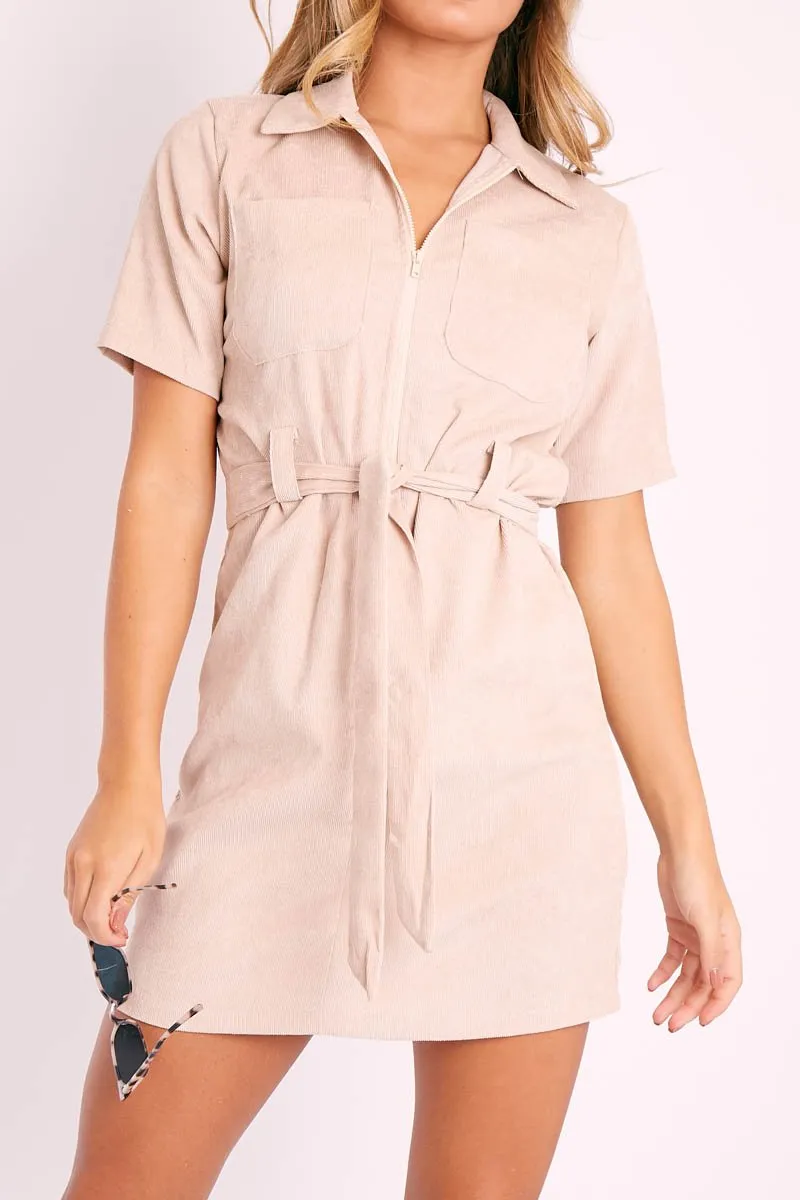 Beige Cord Zip Front Collar Belted Dress - Jakyia