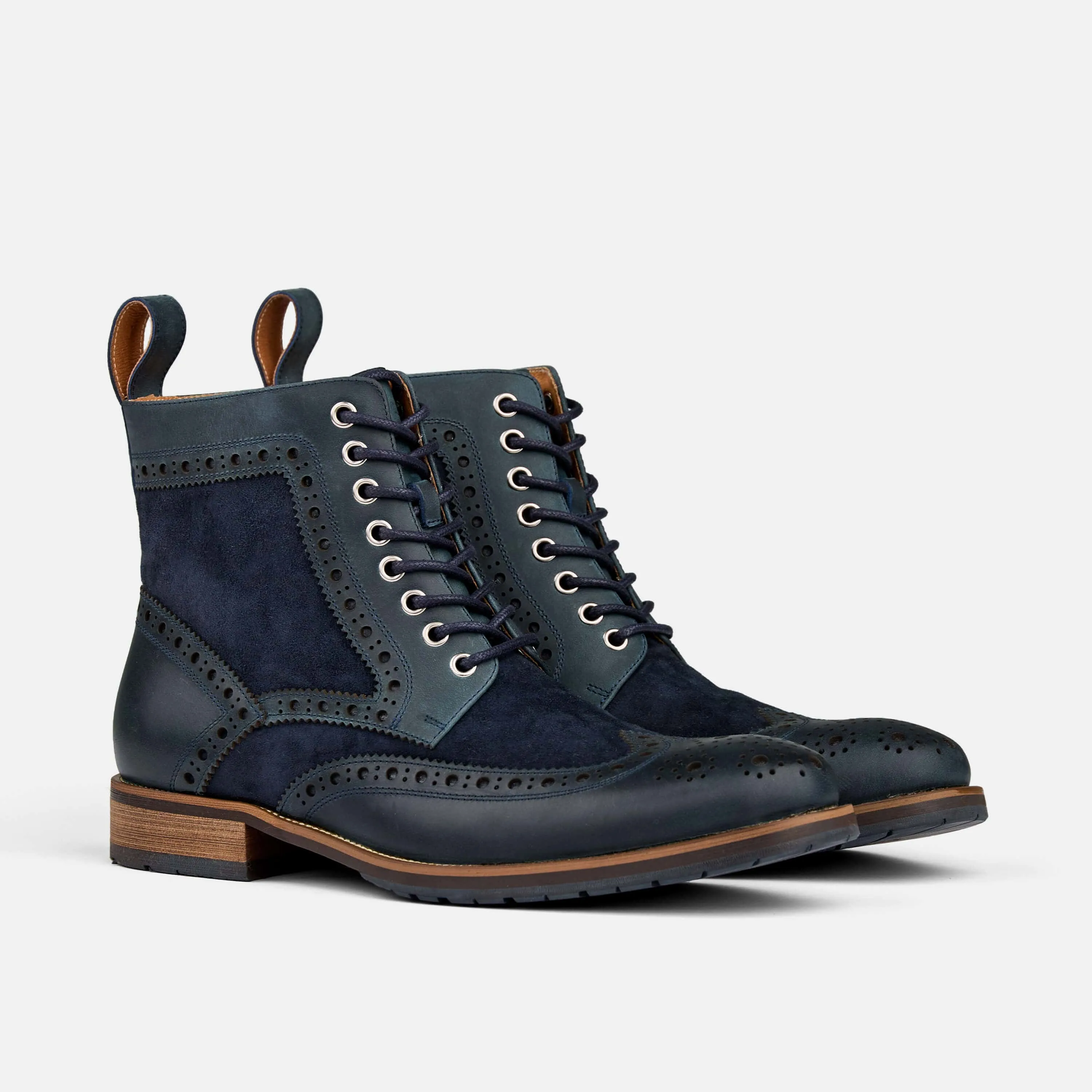 Belmont Navy Leather Wingtip Combat Boots