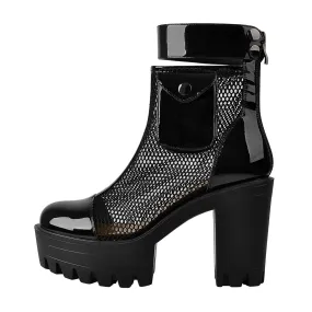 Black Platform Mesh Pocket Ankle Strap Boots