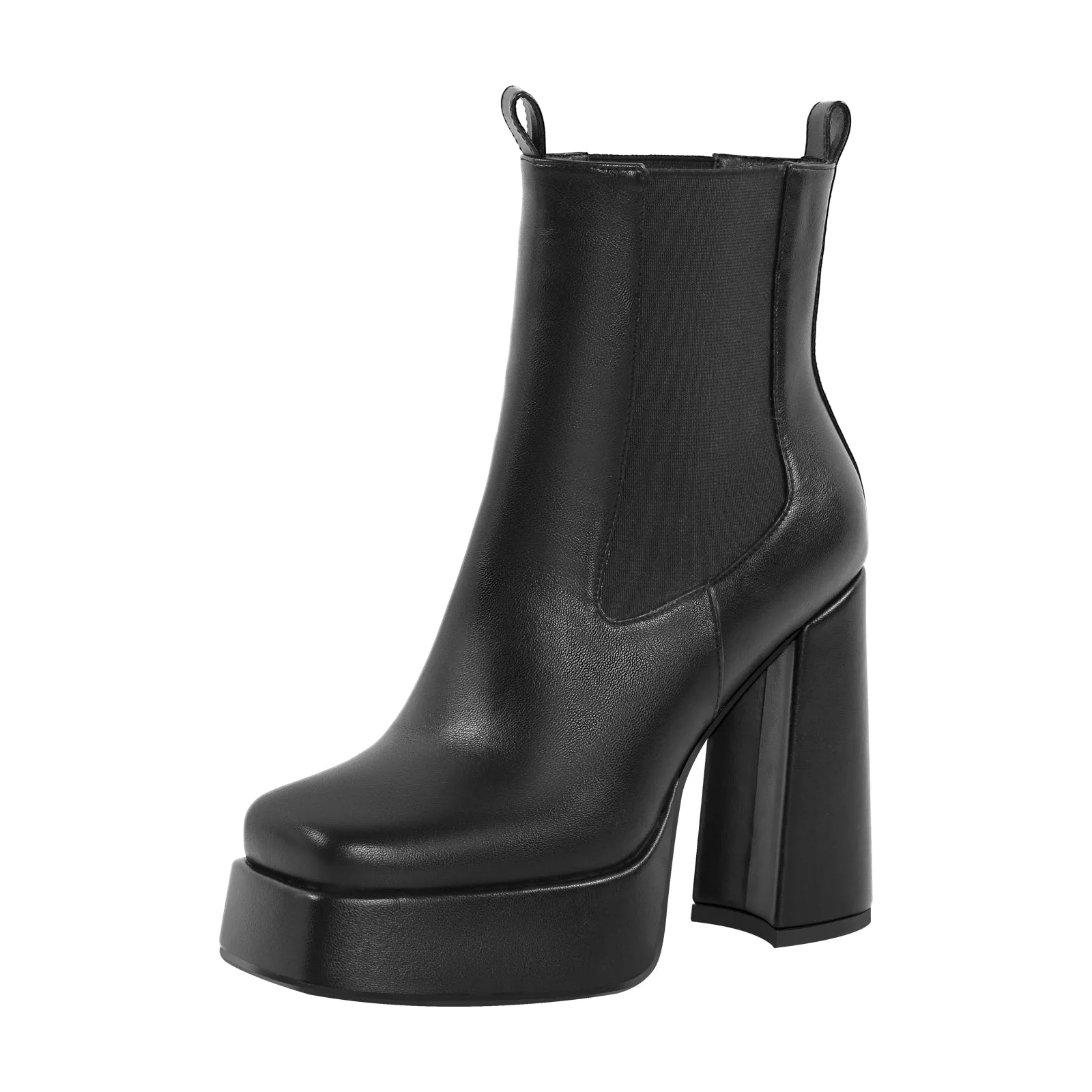 Black Square Toe Platform Chunky Heel Ankle Boots