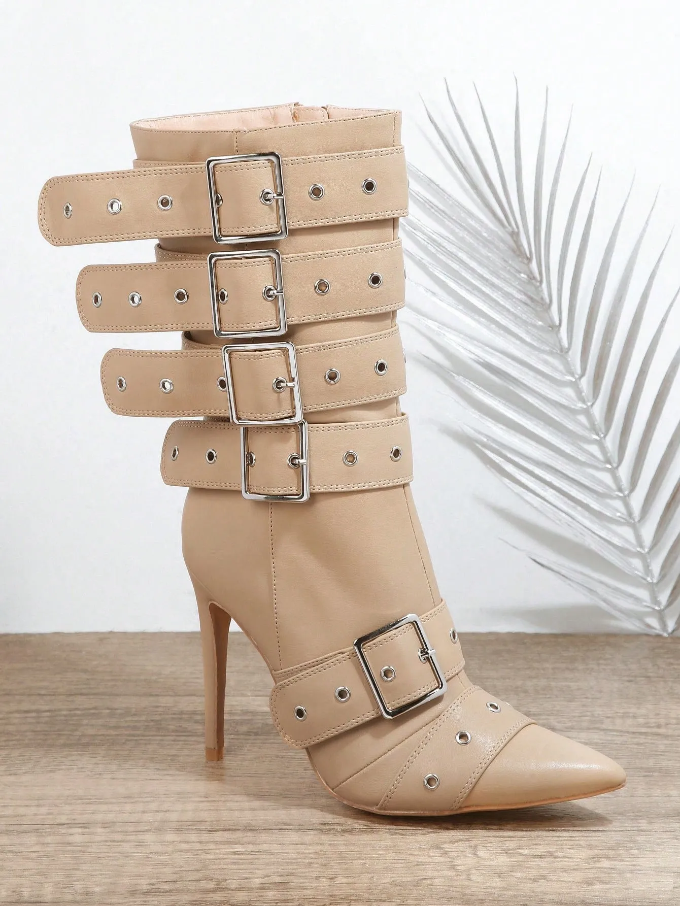 Buckle Decor Side Zip Stiletto Heeled Boots