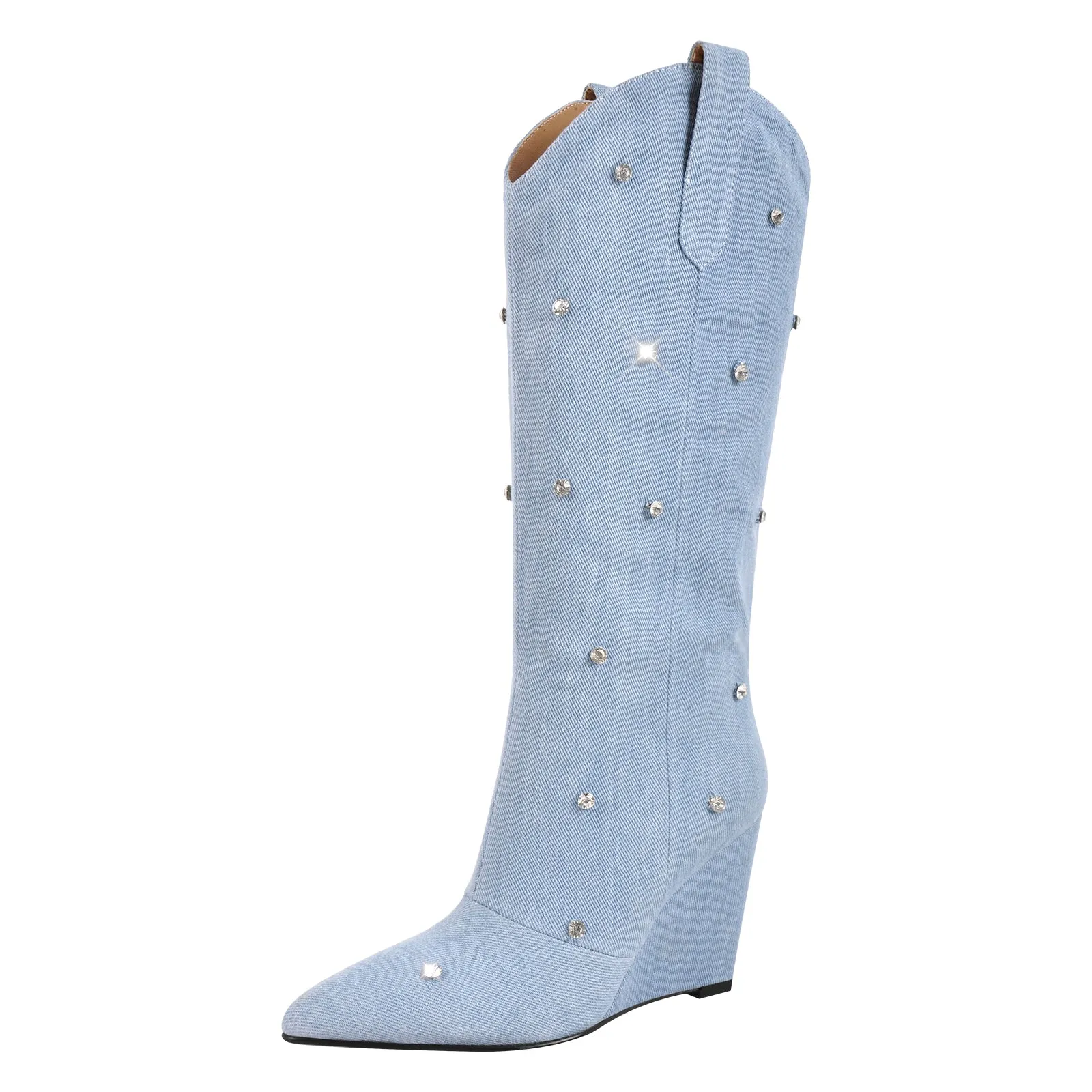 Denim Pointed Toe Wedge Heel Boots