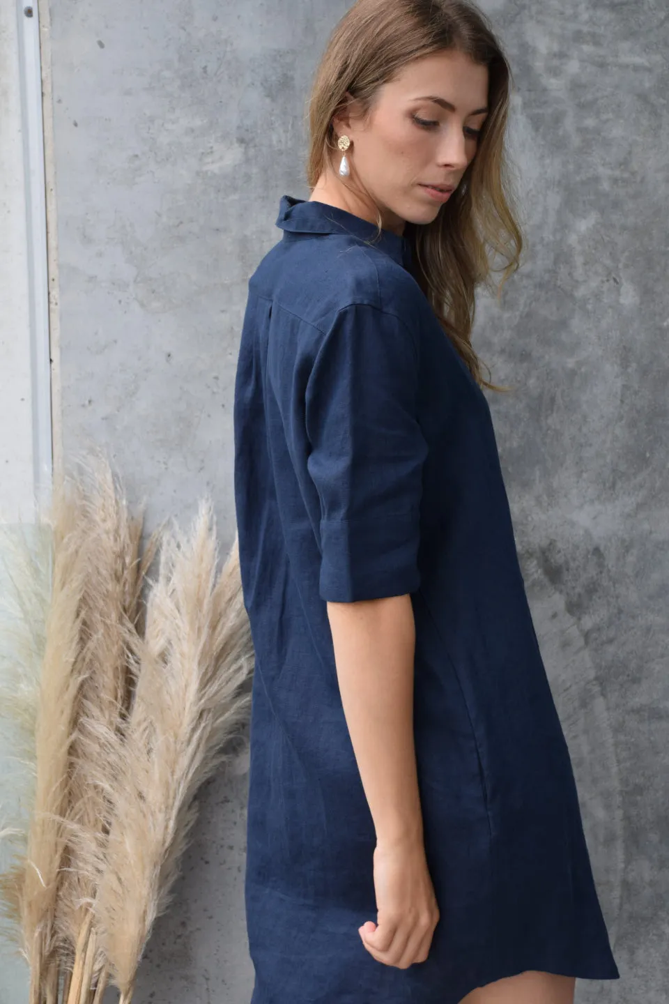 Energize SS Dark Navy Linen Shirt Dress