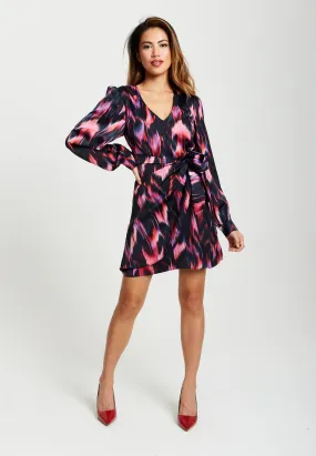 Liquorish Abstract Ikat Print Mini Wrap Dress In Black