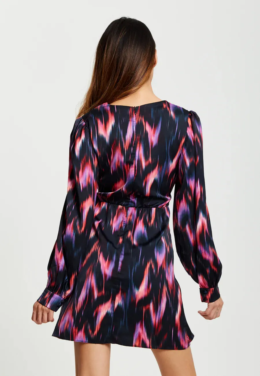 Liquorish Abstract Ikat Print Mini Wrap Dress In Black