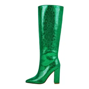 Metallic Snake Print Chunky Heel Knee High Boots