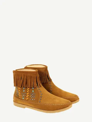 Montana West Fringe Trim Studded Western Booties