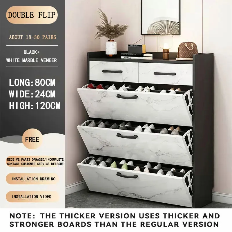 Nordic Double Flip Shoe Cabinet Wooden Shoe Organizer With Drawer Storage Cabinet Golden Edge Large Capacity Kabinet Kasut Kayu Mewa