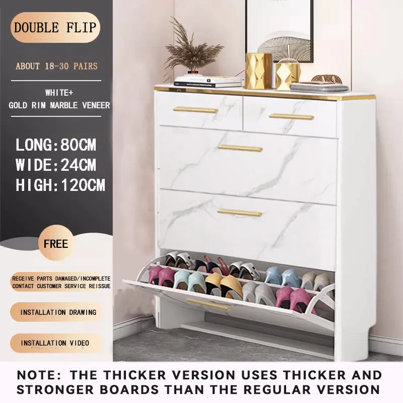 Nordic Double Flip Shoe Cabinet Wooden Shoe Organizer With Drawer Storage Cabinet Golden Edge Large Capacity Kabinet Kasut Kayu Mewa