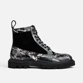 Odin Black Marble Leather Combat Boots