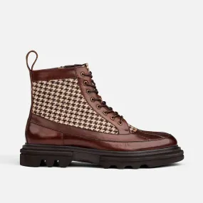 Odin Mahogany Houndstooth Leather Combat Boots