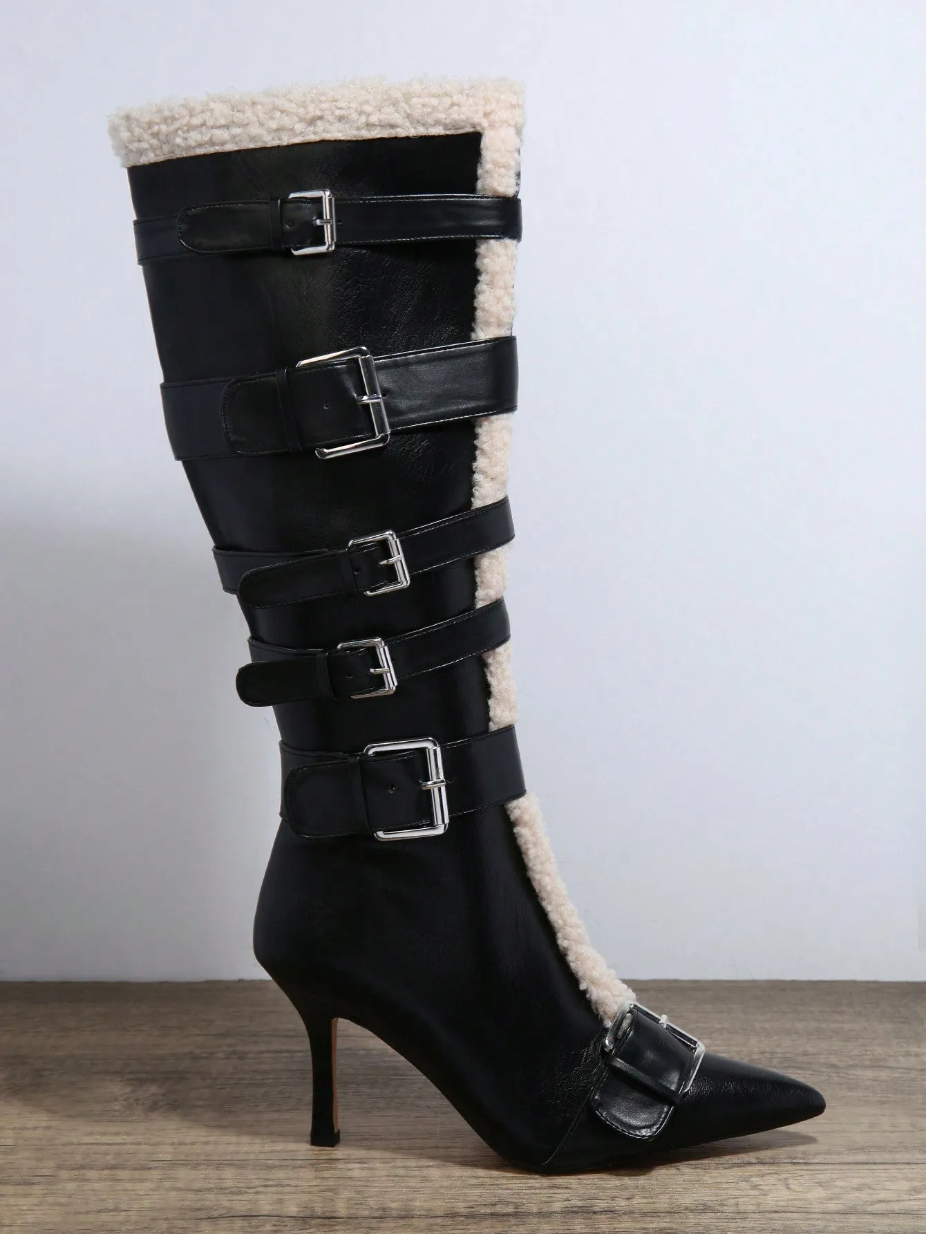 Pointed Toe Fuzzy Buckled Knee-High Boots