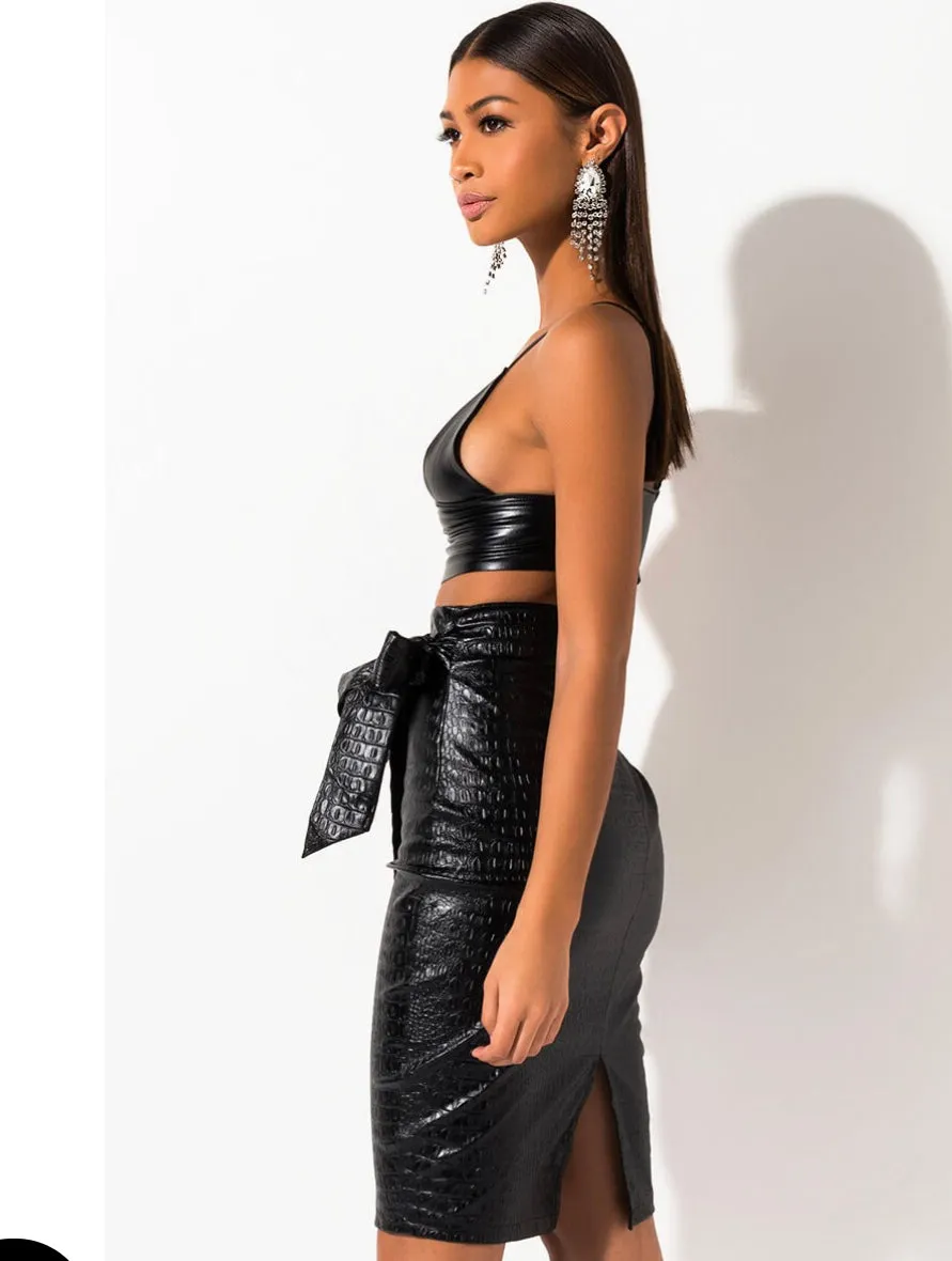 Rock Star Faux Crocodile Leather Wrap Pencil Skirt