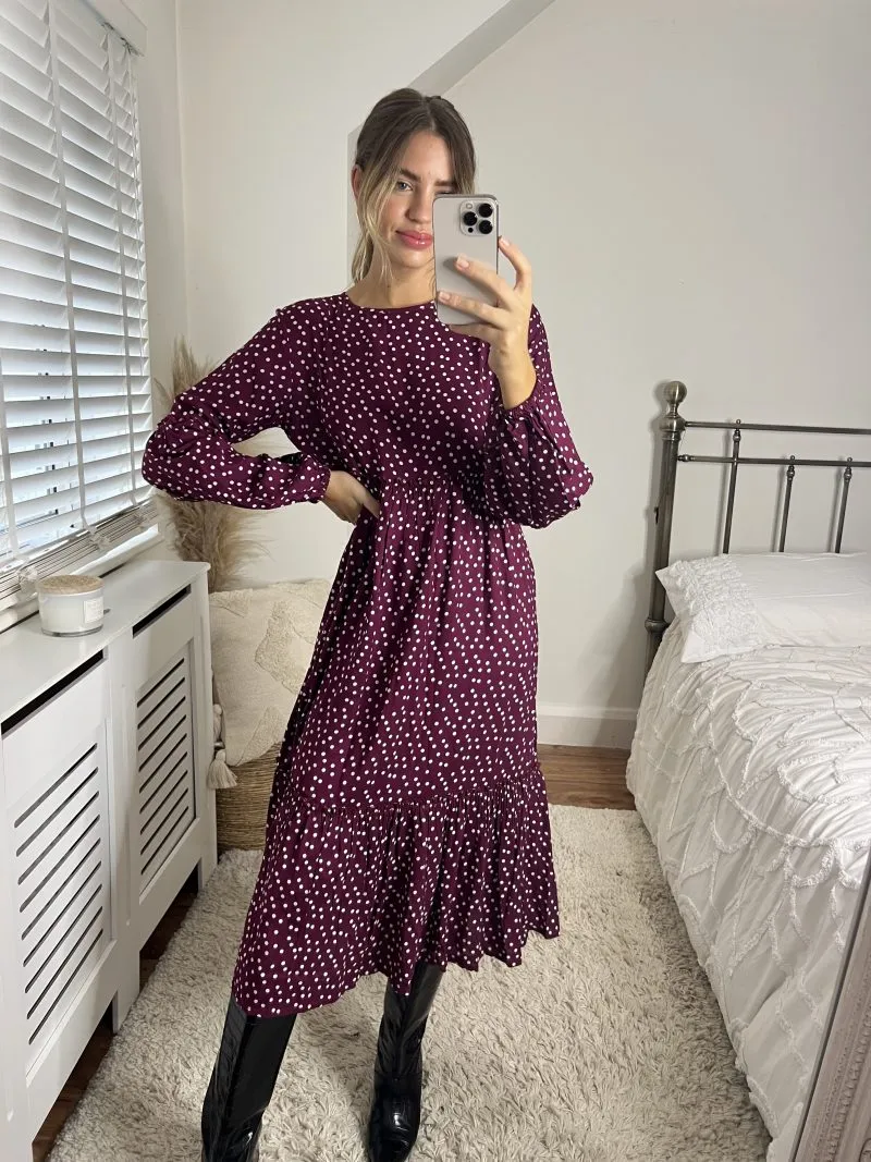 Slaytwins Astrid Polka Dot Print Midi Dress- Wine