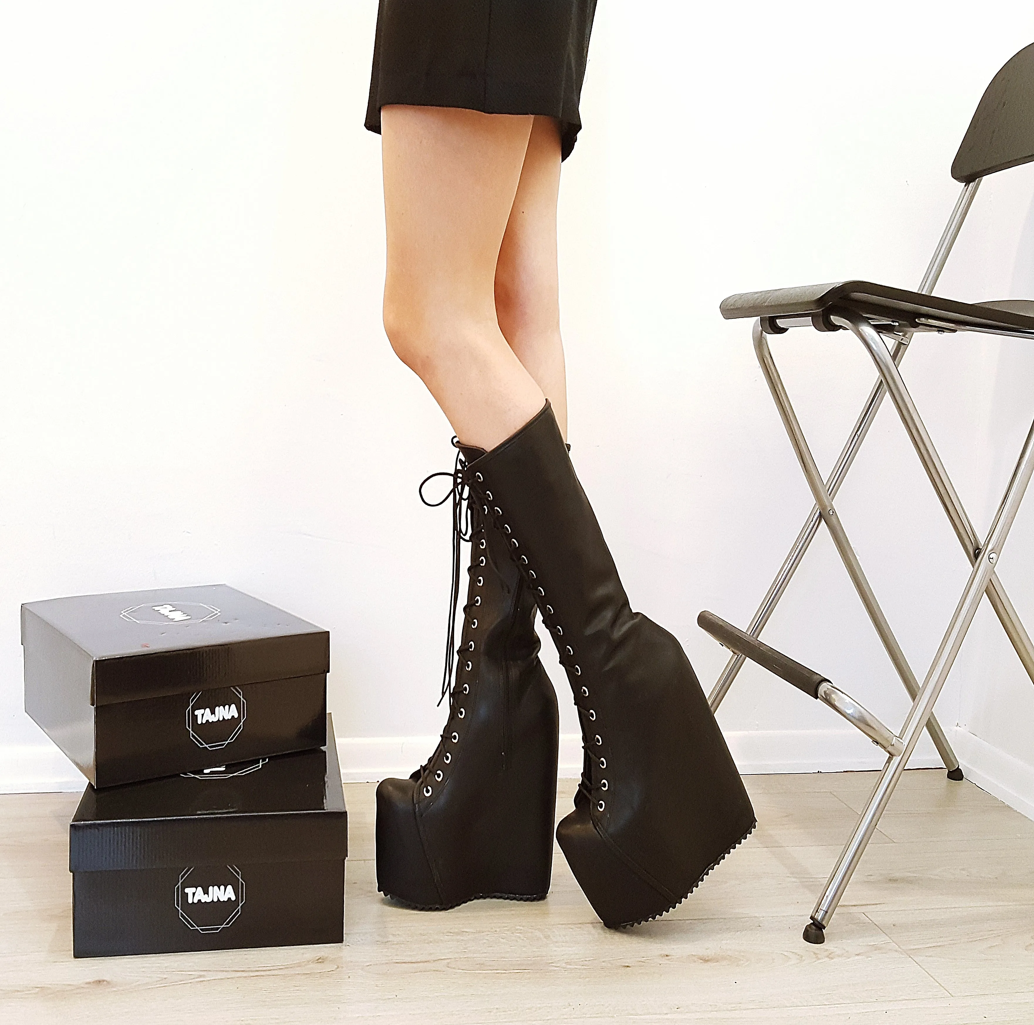 Super High Heel Black Wedge Boots