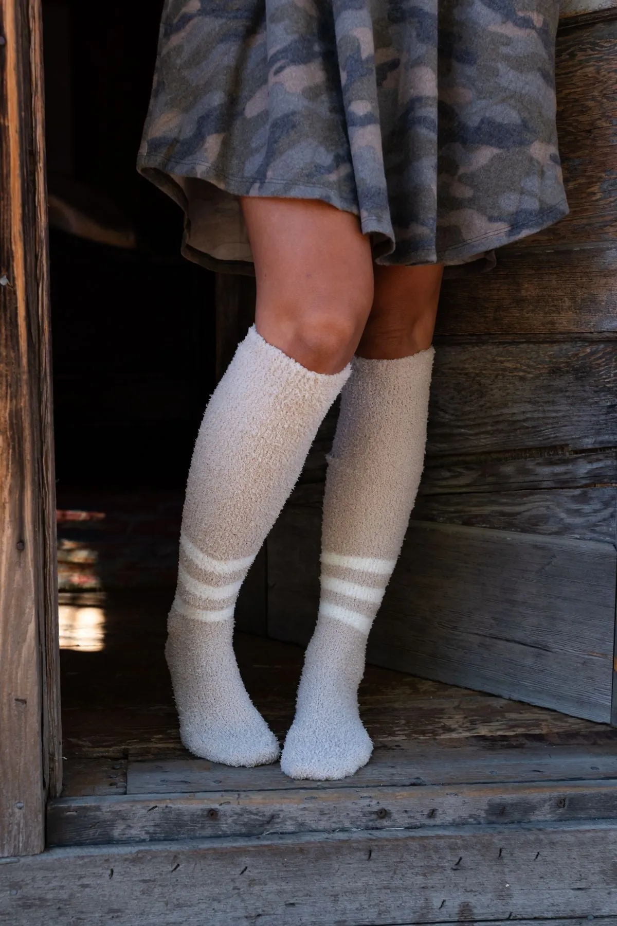 Varsity Stripe Boucle Knee Socks - Taupe