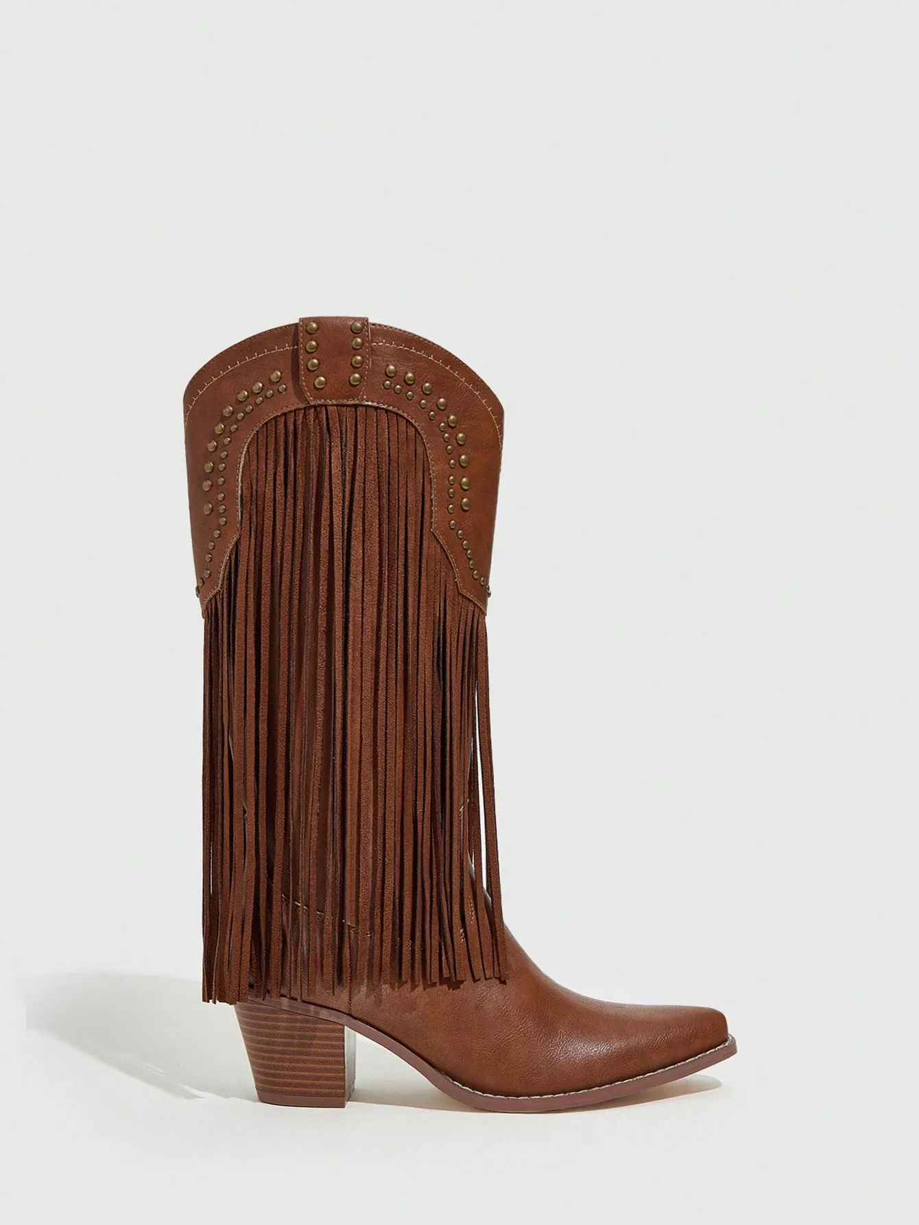 Women's Shoes Fringe And Stud Detail Pointed Toe Chunky Heel Fashion Brown Western Boots