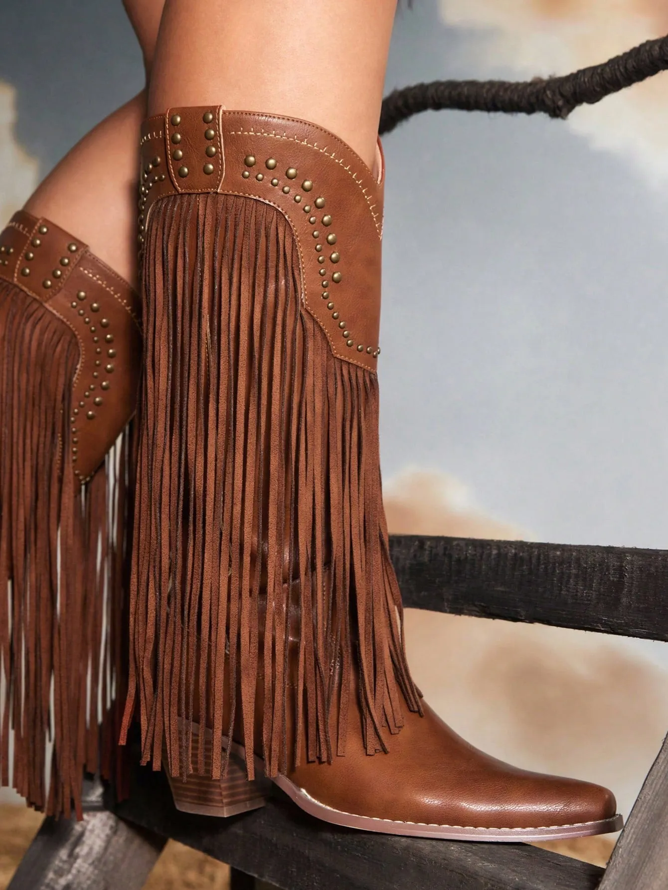 Women's Shoes Fringe And Stud Detail Pointed Toe Chunky Heel Fashion Brown Western Boots