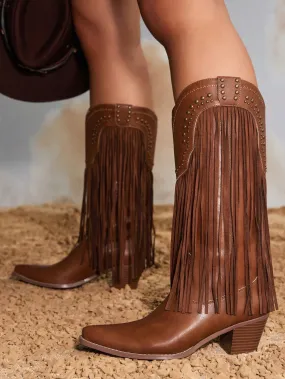 Women's Shoes Fringe And Stud Detail Pointed Toe Chunky Heel Fashion Brown Western Boots