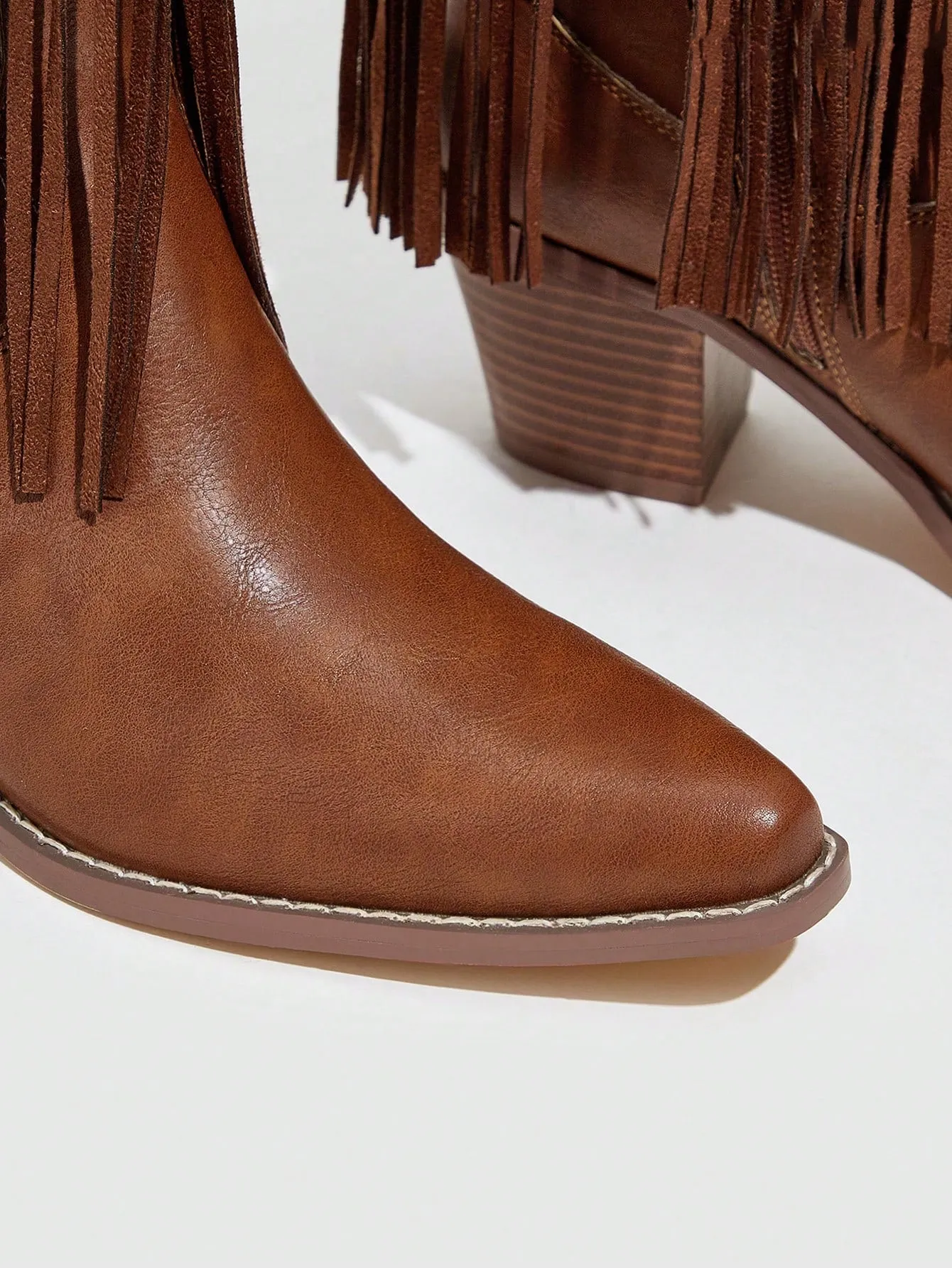 Women's Shoes Fringe And Stud Detail Pointed Toe Chunky Heel Fashion Brown Western Boots